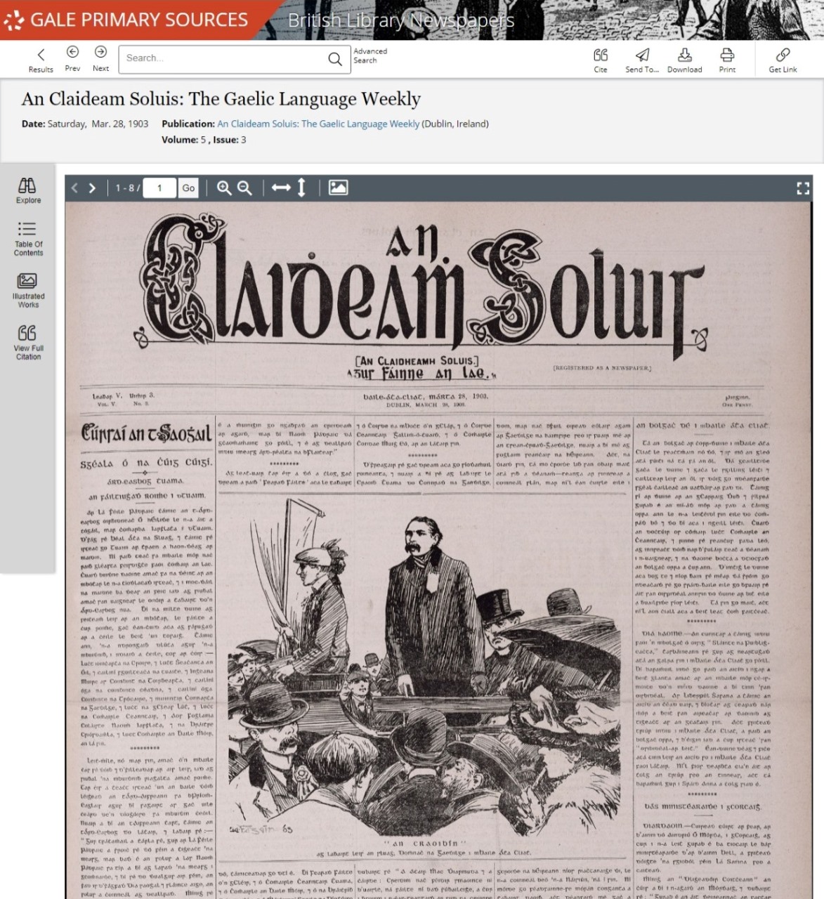 An Claideam Soluis: The Gaelic Language Weekly, 28 Mar. 1903, p. [1]. British Library Newspapers Part VI: Ireland, 1783-1950