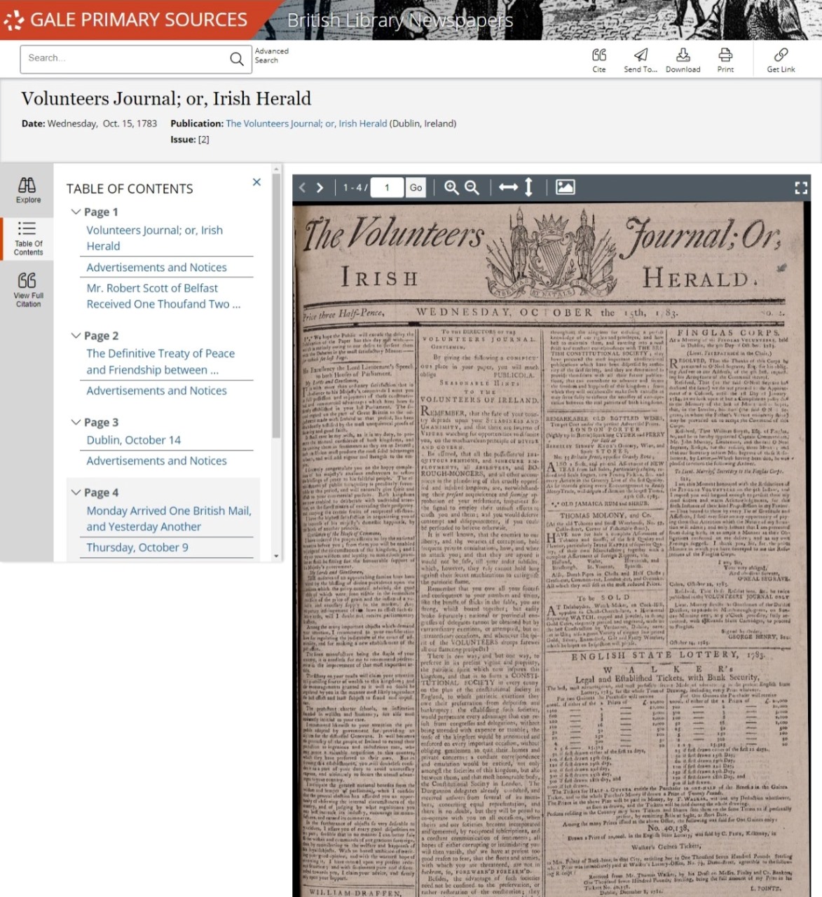 Volunteers Journal; or, Irish Herald, 15 Oct. 1783. British Library Newspapers Part VI: Ireland, 1783-1950