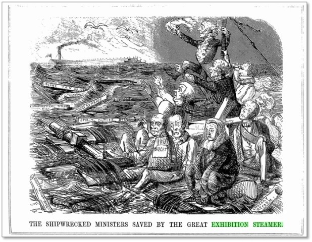 難破大臣たち、“万博蒸気船”に救助さる（『パンチ』1851年6月7日号より）