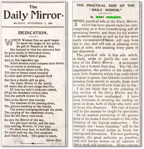 デイリー・ミラー創刊号よりエイドリアン・ロスの献詩および編集長メアリー・ハワースの論説