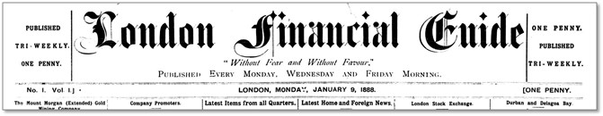 「恐れず、媚びず」のモットーを掲げた1888年1月9日創刊号の題字 （創刊当時の紙名は『ロンドン・フィナンシャル・ガイド』、翌年『フィナンシャル・タイムズ』に改称）