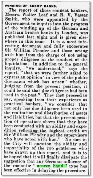 「見えざる手（Unseen hand）」による陰謀論を否定するFTの記事（1917年2月10日）