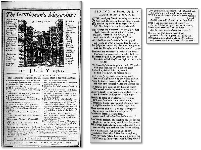 ニコルズが寄稿した「春」と題する詩（『ジェントルマンズ・マガジン』1765年7月1日）