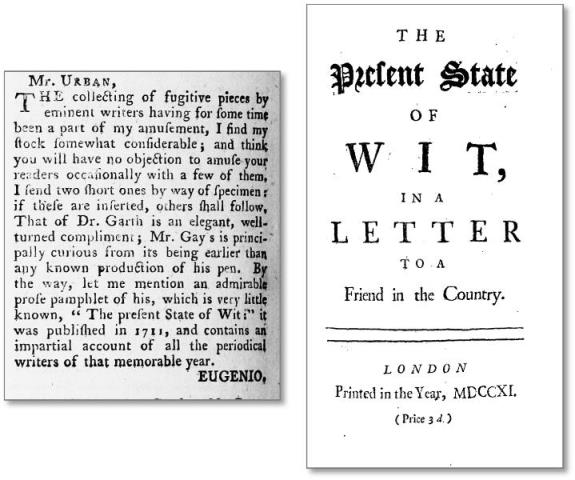 ジョン・ゲイ『機知の現況』（1711）および、それに言及したニコルズの寄稿（『ジェントルマンズ・マガジン』1778年7月1日）