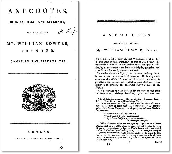 ニコルズ『印刷者、故ウィリアム・ボウヤー氏の伝記・文学的逸話集』1778年版