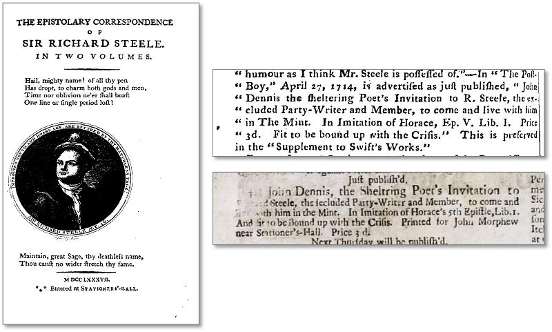 『リチャード・スティール書簡集』（1787）扉（左）および『ポスト・ボーイ』への言及箇所（右上）、そして『ポスト・ボーイ』の該当記事（右下）