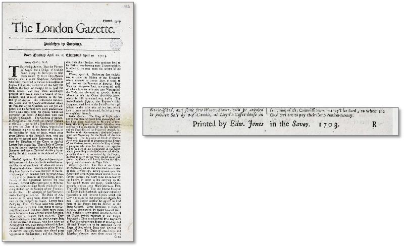 『ロンドン・ガセット』紙（1703年4月29日）とエドワード・ジョーンズの名前（裏面下より）