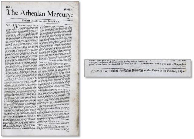 『アシーニアン・マーキュリー』紙（1692年12月13日）とジョン・ダントンの名前（裏面下より）