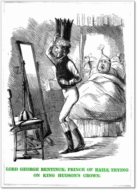 「鉄道王子ジョージ・ベンティンク卿、ハドソン王の王冠を試着」（『パンチ』1847年2月20日）