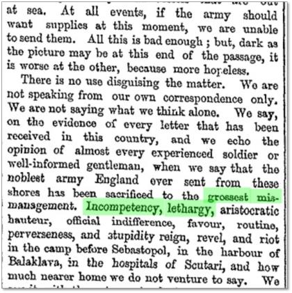 クリミア戦争の戦況を厳しく非難する記事（『タイムズ』1854年12月23日）