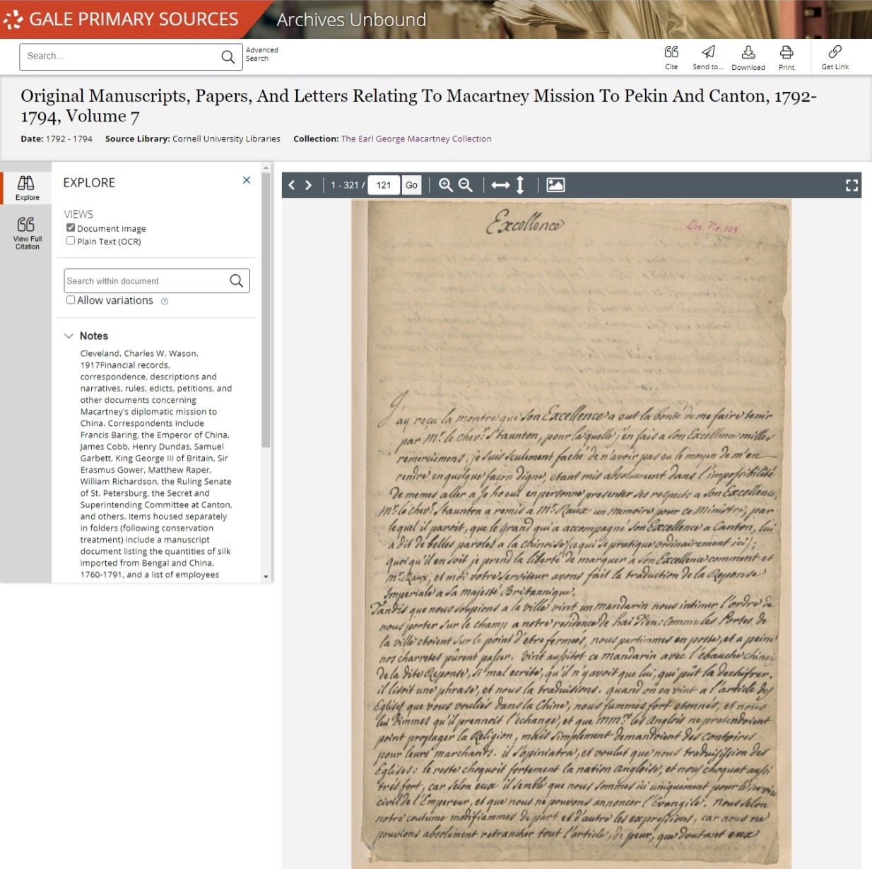 Original Manuscripts, Papers, And Letters Relating To Macartney Mission To Pekin And Canton, 1792-1794, Volume 7. 1792 - 1794. Image 121. MS Earl George Macartney Collection. Cornell University Libraries. Archives Unbound.