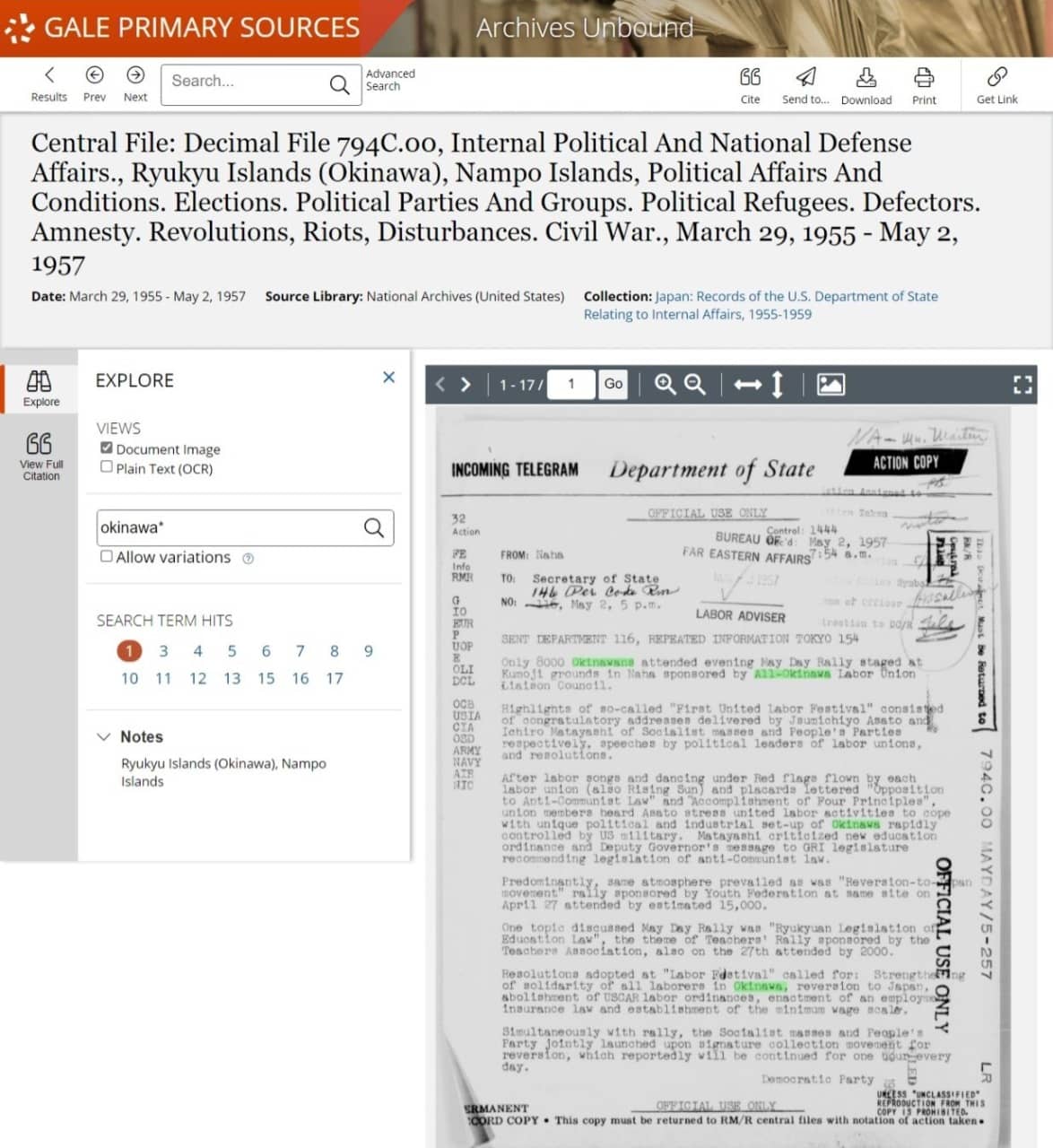 Central File: Decimal File 794C.00, Internal Political And National Defense Affairs., Ryukyu Islands (Okinawa), Nampo Islands, Political Affairs And Conditions. Elections. Political Parties And Groups. Political Refugees. Defectors. Amnesty. Revolutions, Riots, Disturbances. Civil War., March 29, 1955 - May 2, 1957.