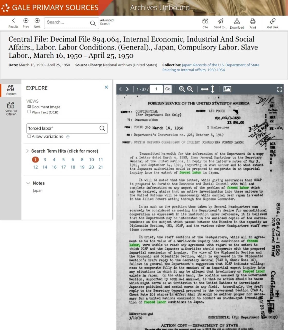 Central File: Decimal File 894.064, Internal Economic, Industrial And Social Affairs., Labor. Labor Conditions. (General)., Japan, Compulsory Labor. Slave Labor., March 16, 1950 - April 25, 1950.