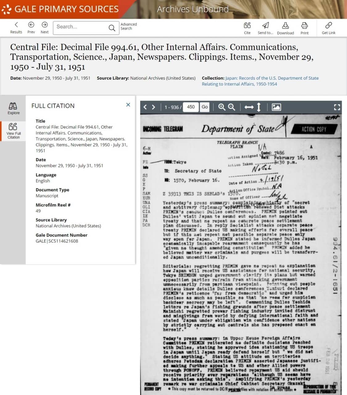 Central File: Decimal File 994.61, Other Internal Affairs. Communications, Transportation, Science., Japan, Newspapers. Clippings. Items., November 29, 1950 - July 31, 1951.