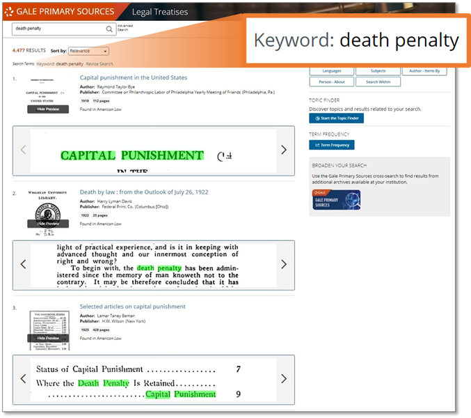 近現代西洋法制史シリーズで「death penalty」（死刑）を検索した例。同義語の「capital punishment」も合わせて検索されている。