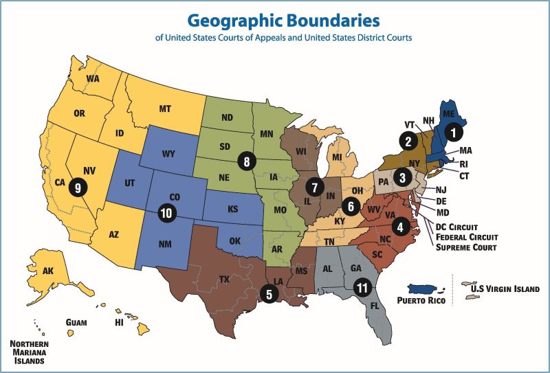 控訴裁判所の12巡回区の区分地図