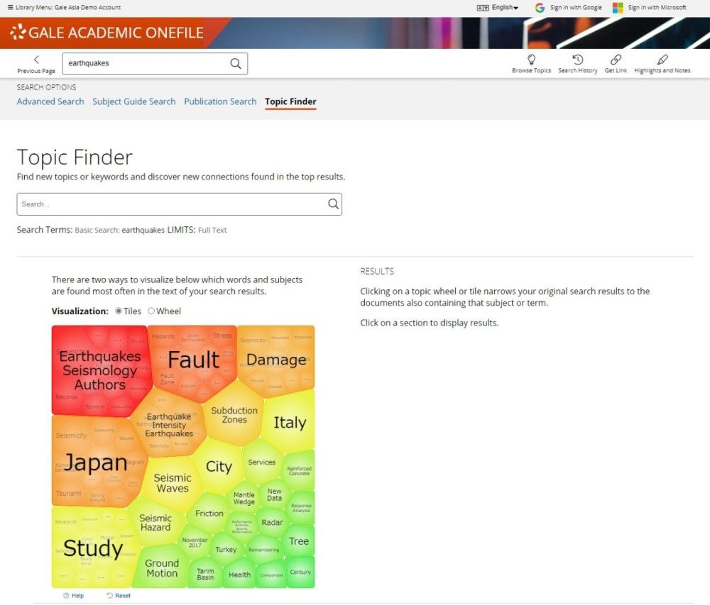 Topic Finder画面、検索語「eartchquakes」で「Japan」などのトピックが表示されているグラフィック結果表示。