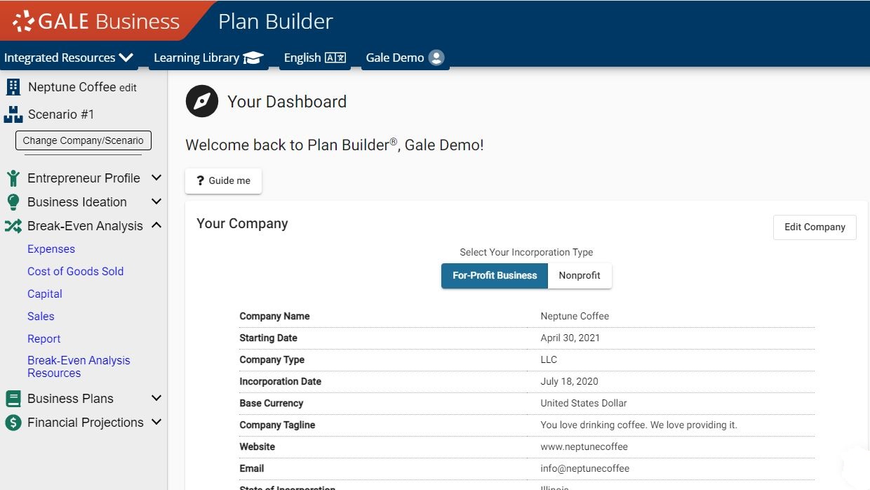 Gale Business: Plan Builder Intuitive Dashboard