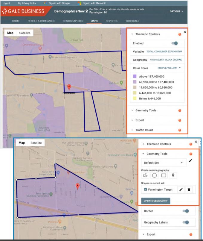 Use Maps feature to visualize data related to the active geography and draw custom geographies for further research.