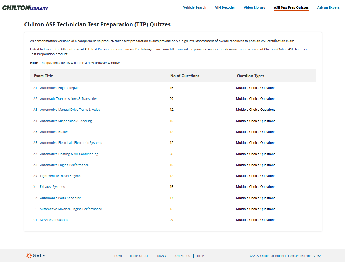 Chilton Library ASE technician test preparation quizzes webpage where you can get a high-level assessment of your automotive knowledge in 13 subject areas.