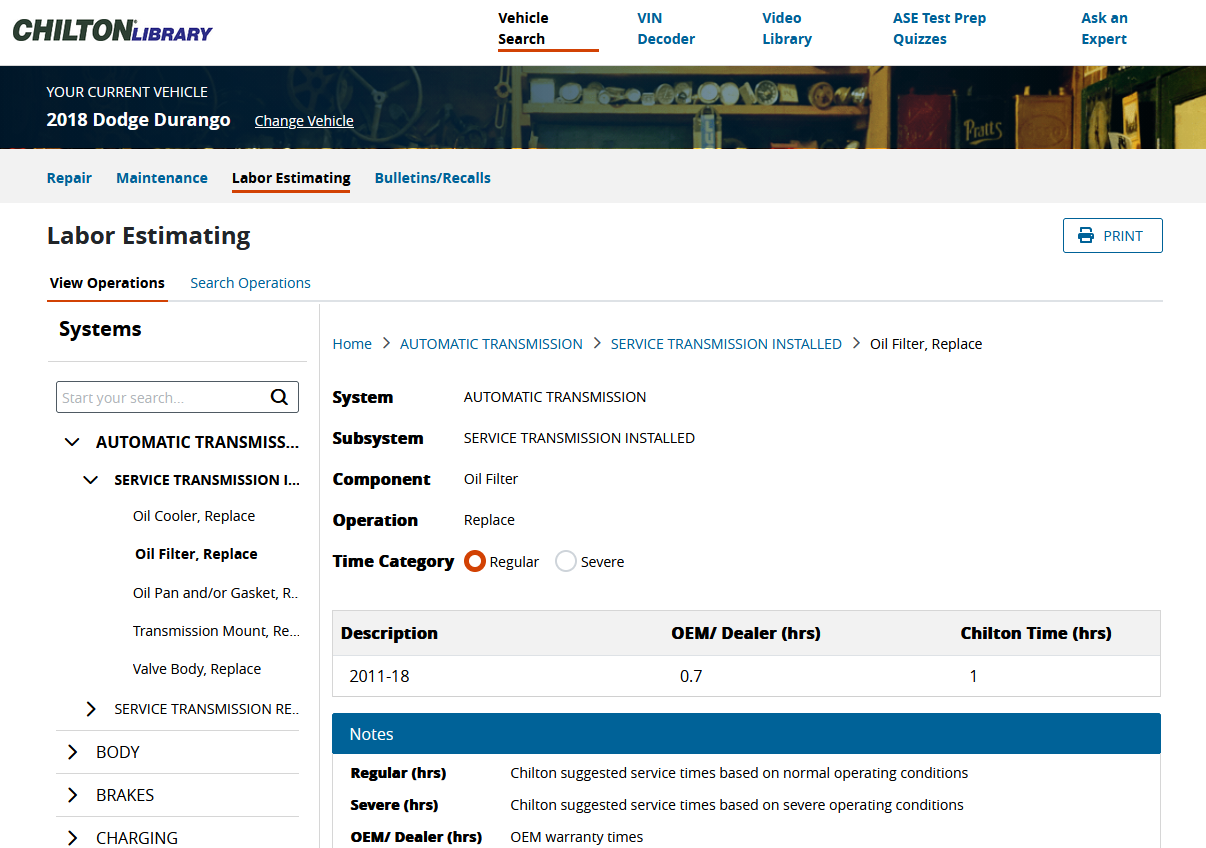 Chilton Library webpage where it shows you the estimated labor time required to perform a service or repair.