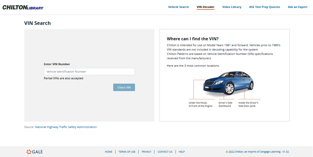 Chilton Library VIN decoder webpage where you can decode a vehicle identification, or VIN.