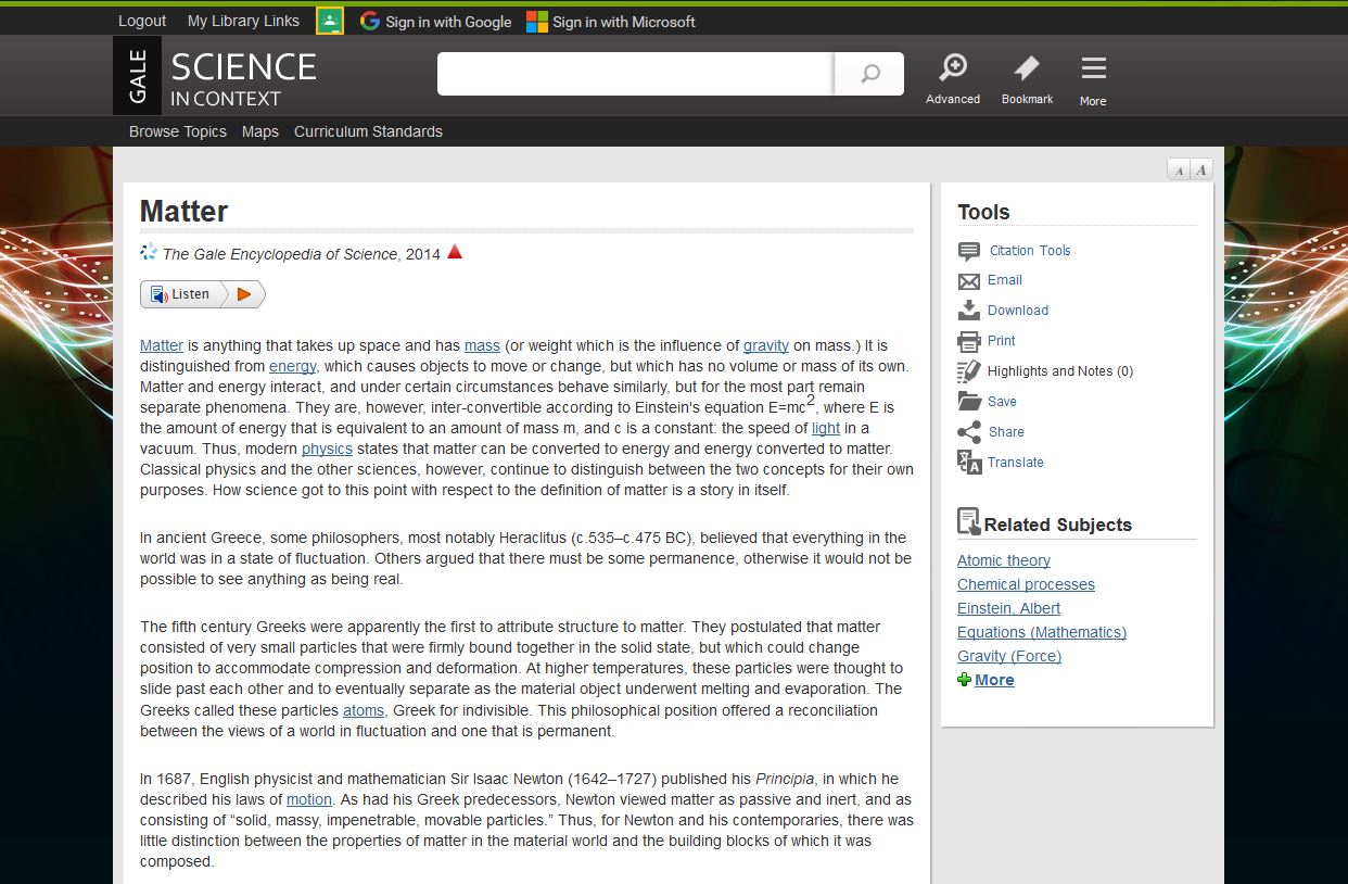 Powered by Gale's Science In Context, access and use Tools, Table of Contents, and Related Subjects when researching.