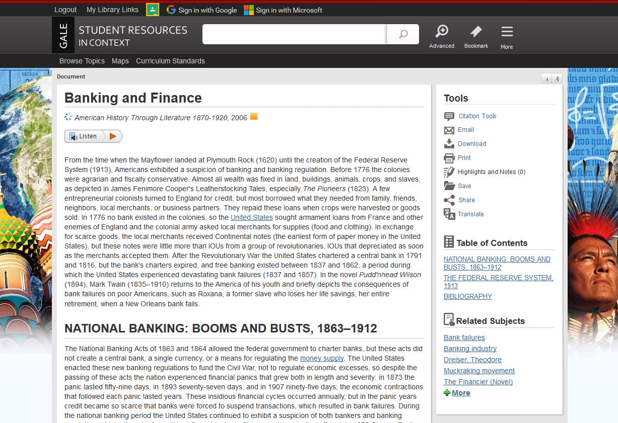 Powered by Gale's Student Resources In Context, access and use Tools, Table of Contents, and Related Subjects when researching.