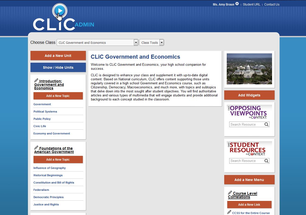 Based on National curriculum, CLiC offers content supporting those units regularly covered in a high school Government and Economics course and is designed to enhance and supplement your class with up-to-date content.