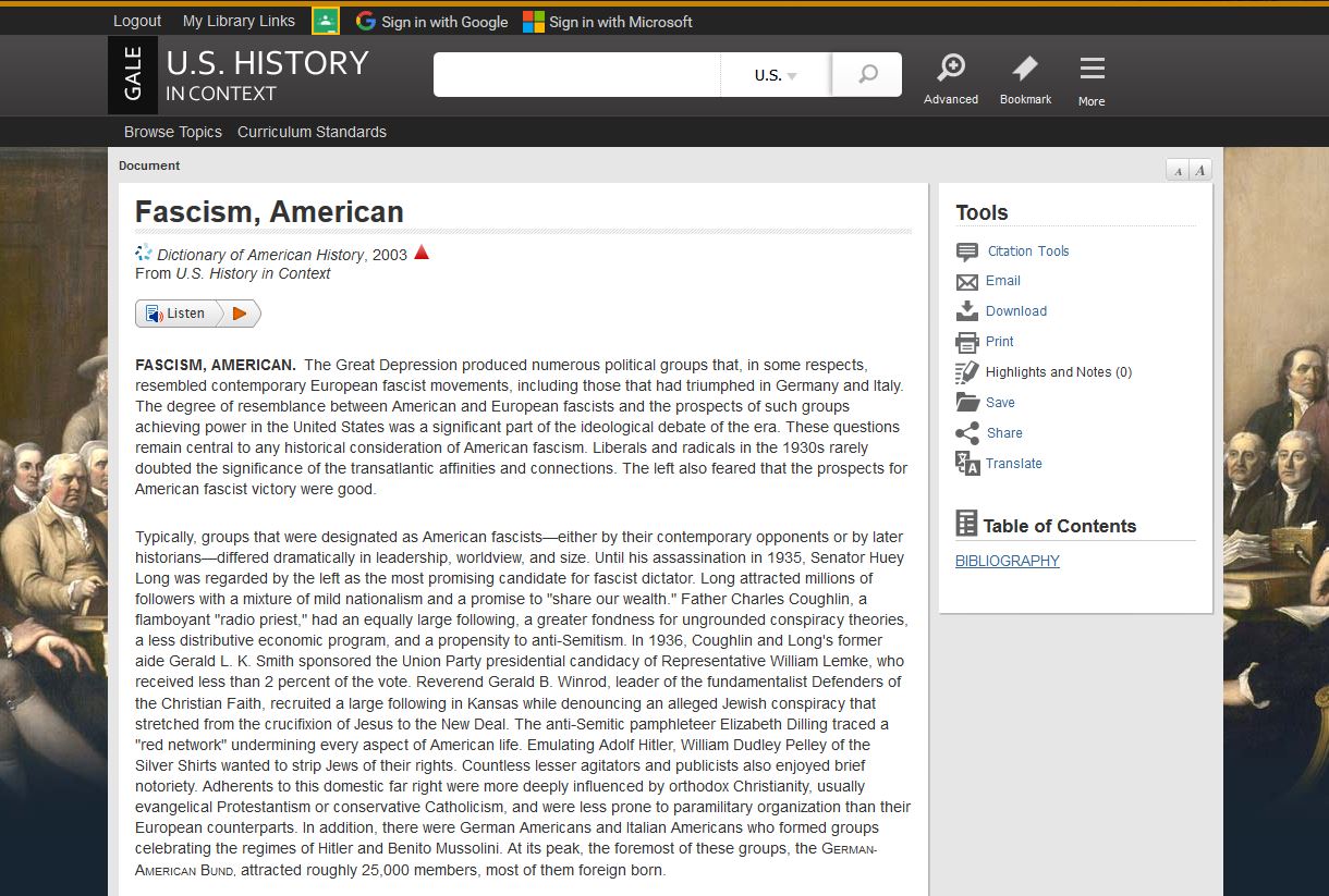 Powered by Gale's U.S. History In Context, access and use Tools, Table of Contents, and Related Subjects when researching.