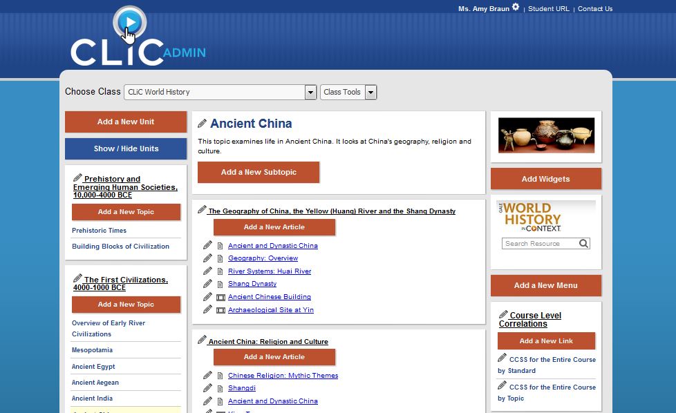 Based on National curriculum, CLiC offers content supporting those units regularly covered in a high school World History course and is designed to enhance and supplement your class with up-to-date content.