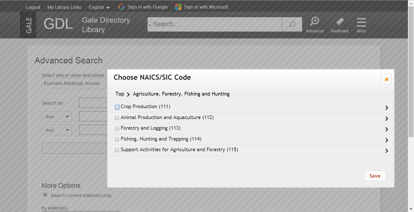 Gale Directory Library SICS/NAICS tool