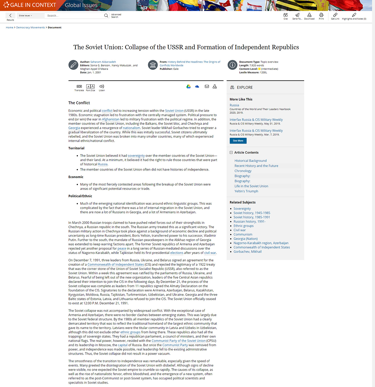 Página do documento do Gale In Context: Global Issues