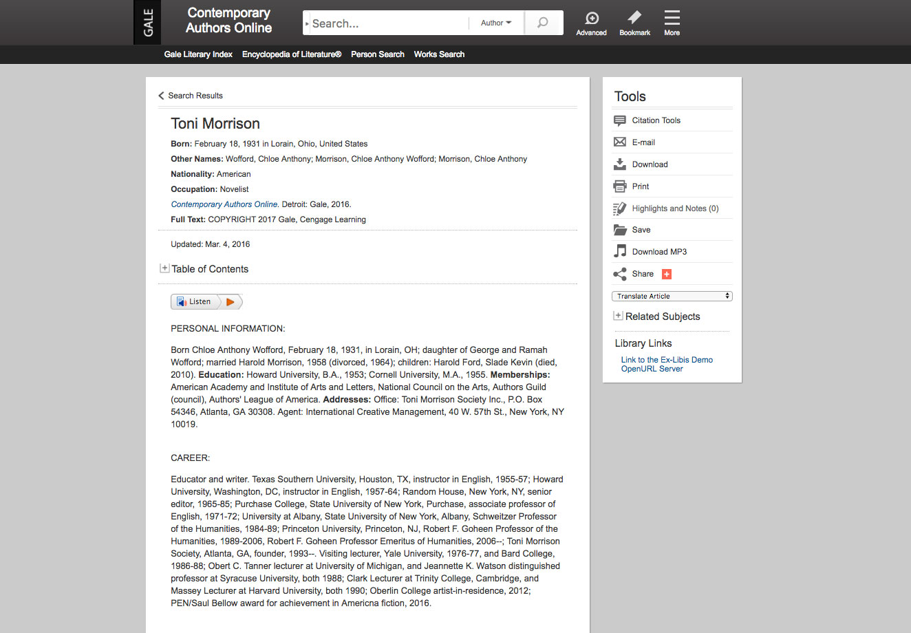 Toni Morison Person Search screenshot