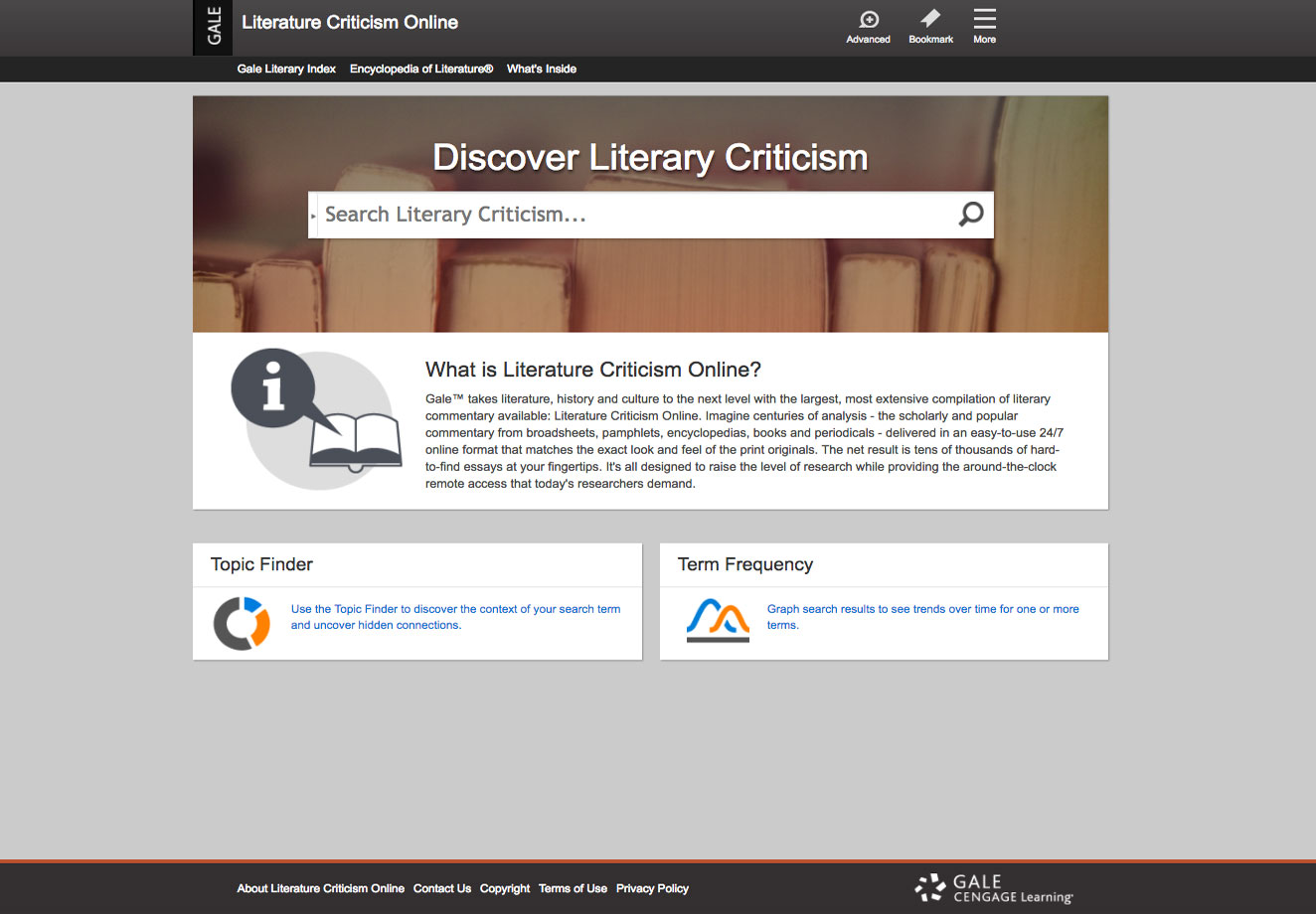 The Literature Criticism Online home page screenshot.