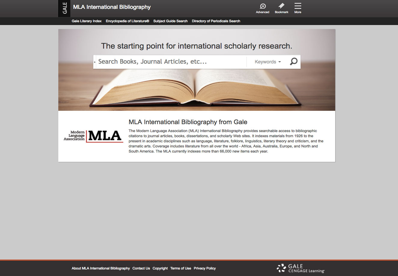 MLA International Bibliography from Gale homepage screenshot.