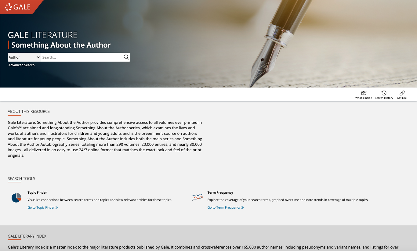 Gale Literature: Something About the Author homepage screenshot.
