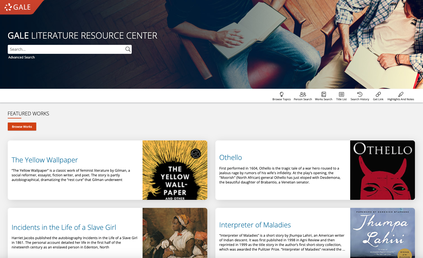 The Literature Resource Center home page screenshot