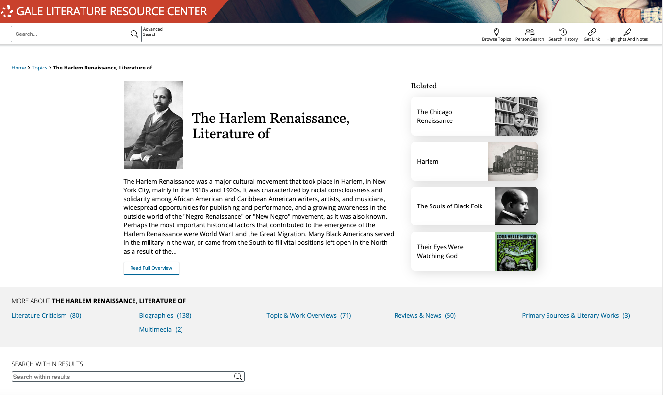 The Literature Resource Center content page