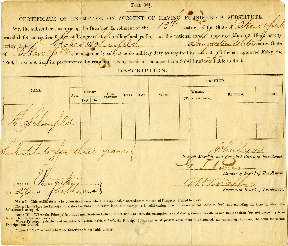A Civil War certificate of exemption issued on September 27, 1864, to Moses Schoenfeld of Saugerties, New York.