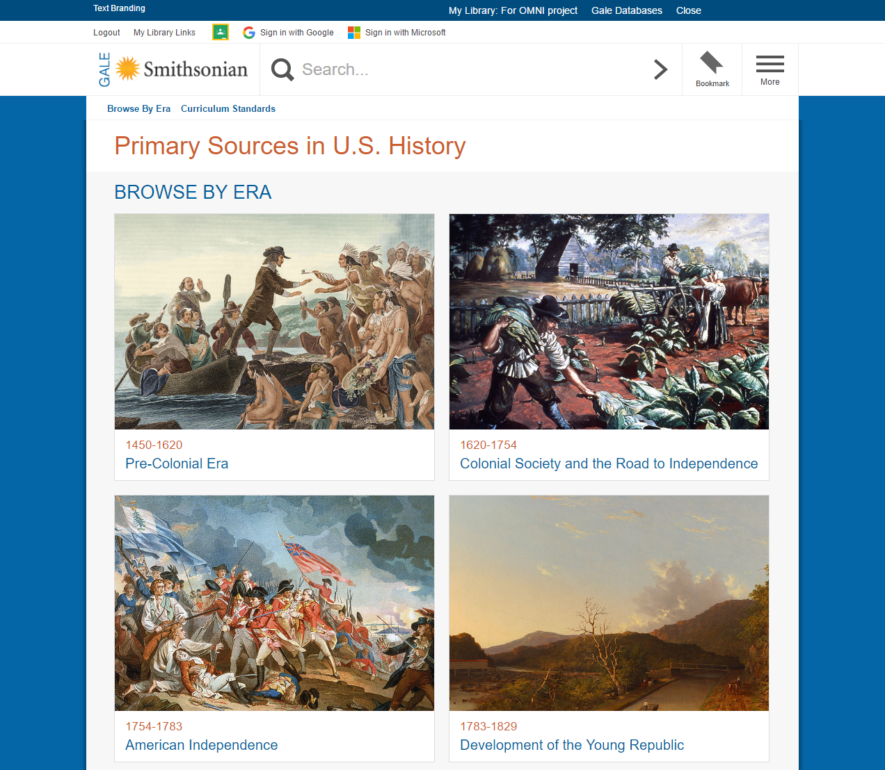 Browse eras or search for primary sources from the home page.