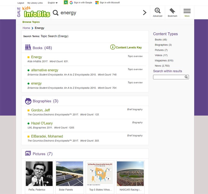 Kids InfoBits User Interface Search Results