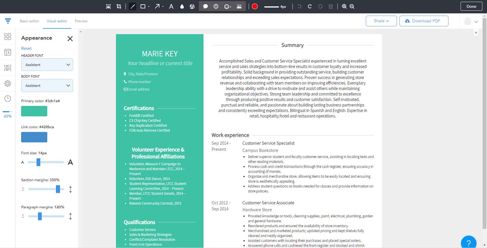 VisualCV Resume Creator allows users to create visually interesting résumés, cover letters, and websites that can be externally shared with prospective employers, using prebuilt templates. Sample résumés help users target their résumés for different job types.