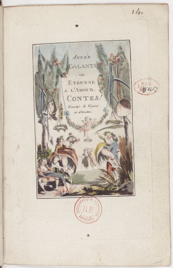 Title page design - sexual activity
From: Année galante ou Etrenne à l'amour. Contes! Enrichis de figures et d'ariettes (1773)