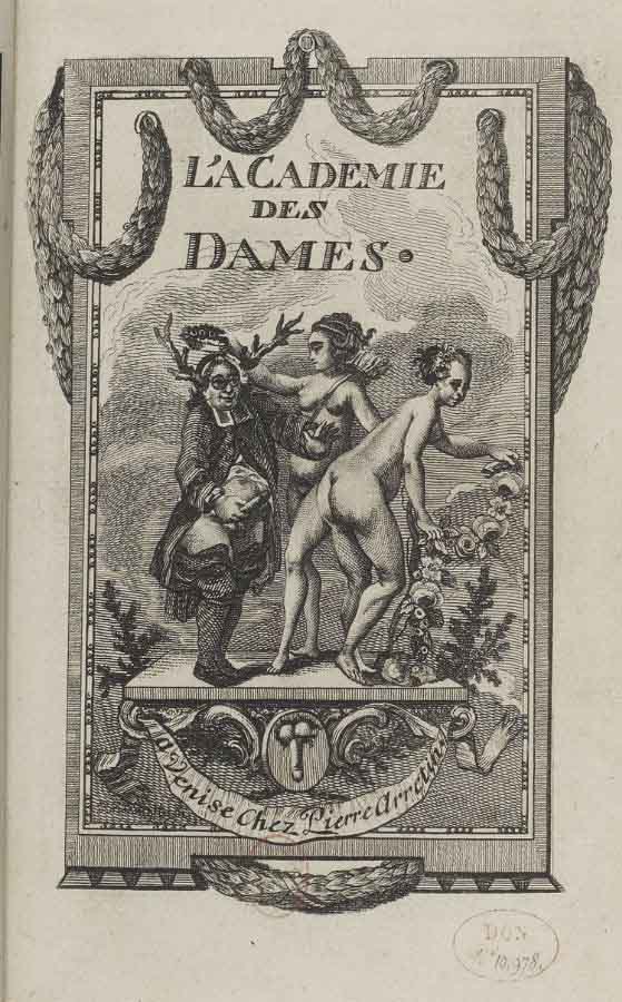 Title page design - sexual activity
From: Nicolas Chorier, L'Academie des dames (1770)