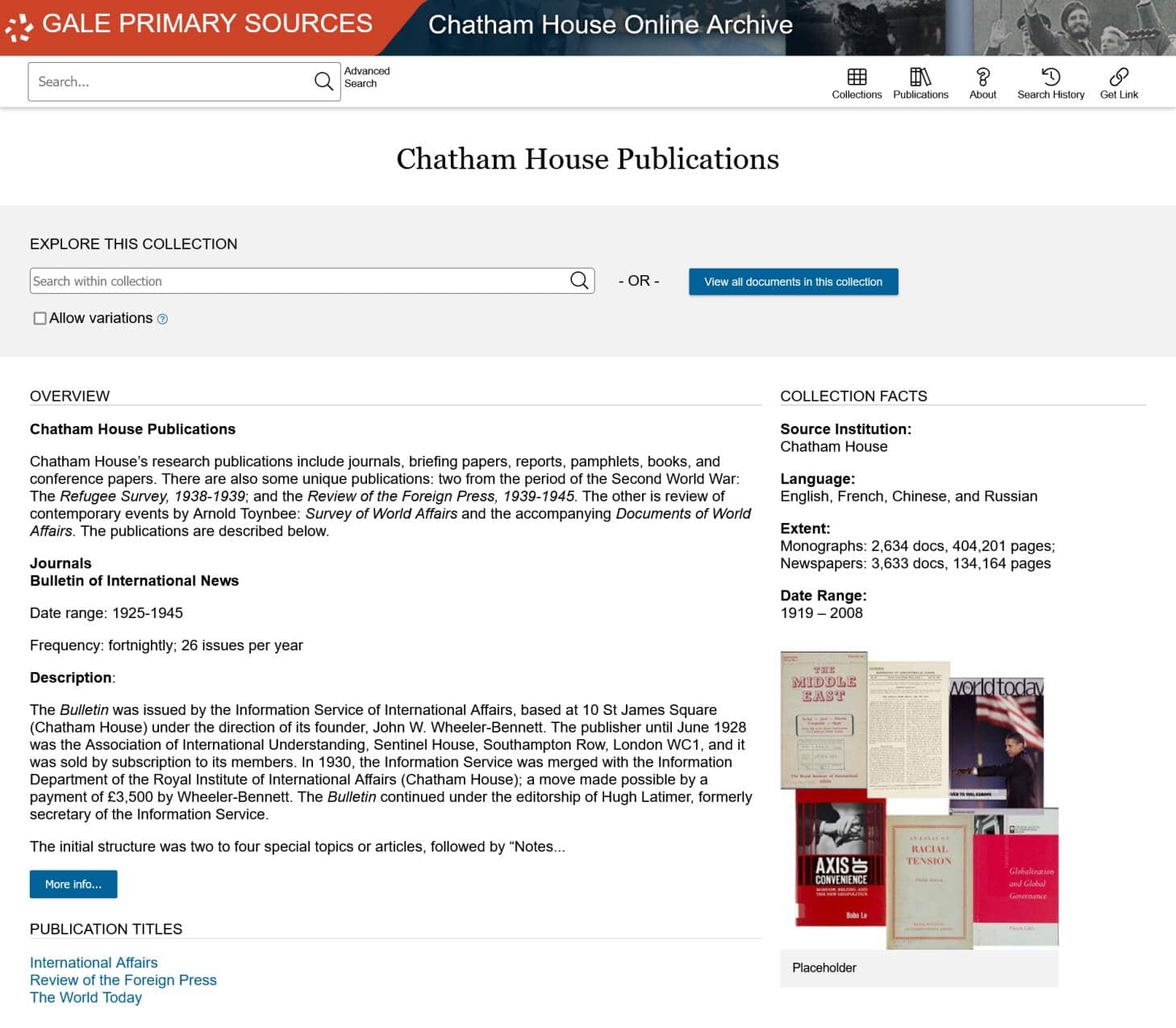 王立国際問題研究所〈チャタムハウス〉文書・演説集成のコレクション表示画面（出版物）