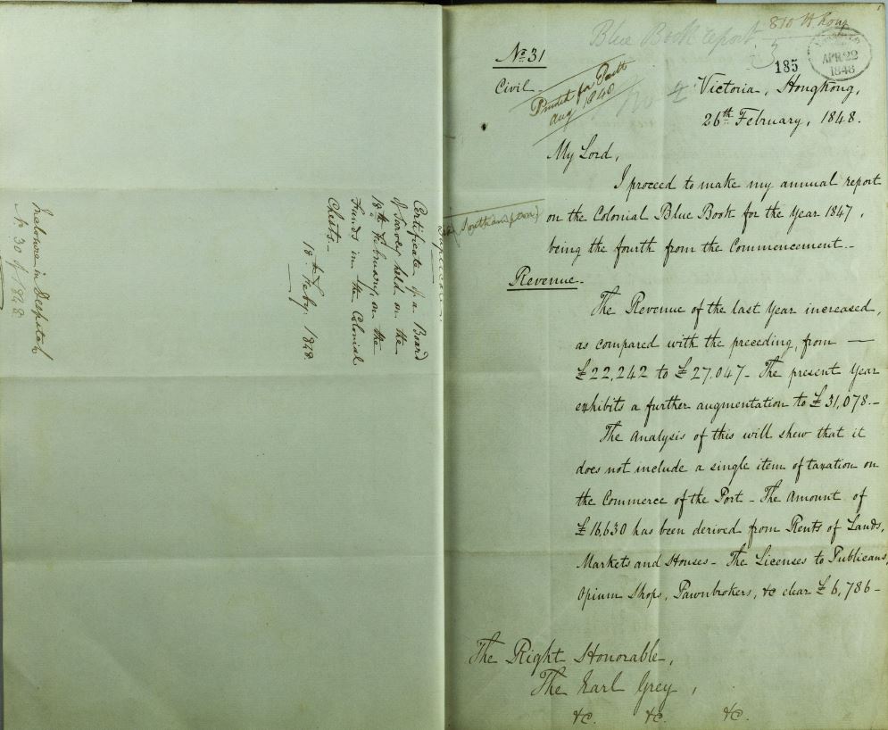 CO 129/23: Sir J Davis to Earl Grey, 26th February 1848. ‘The “Blue Book” of Hong Kong for 1847, and reporting on the State of the Colony’. Despatches: 1848 Jan.-Mar. The National Archives, Kew.