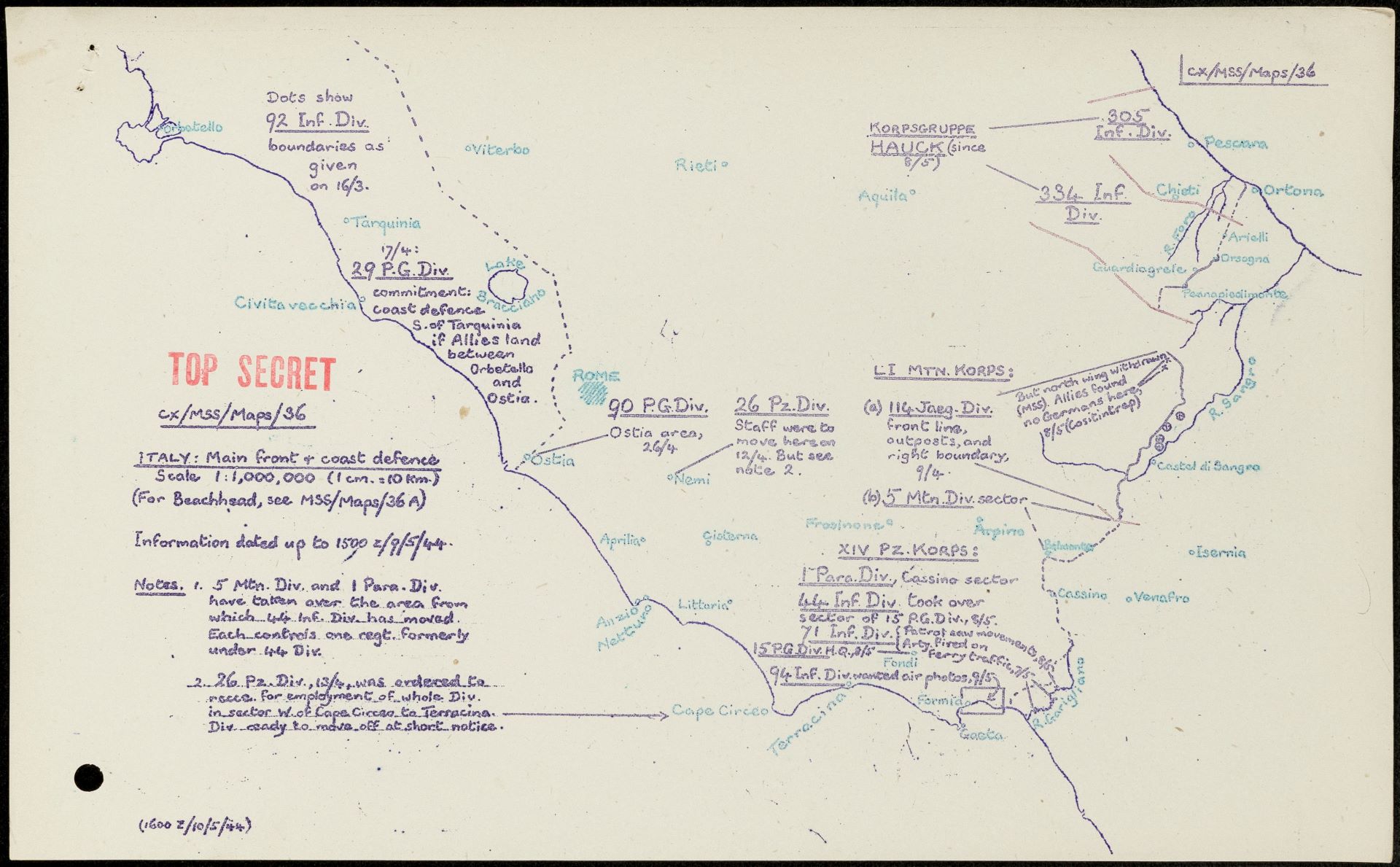 'Italy: Main front and coast defence' Map, based on information from decrypts of high-grade traffic, of dispositions of enemy forces in Egypt, Tunisia, Yugoslavia, Italy (Anzio beachhead), France. July 29, 1942-August 29, 1944. MS Government Communications Headquarters: HW 13
