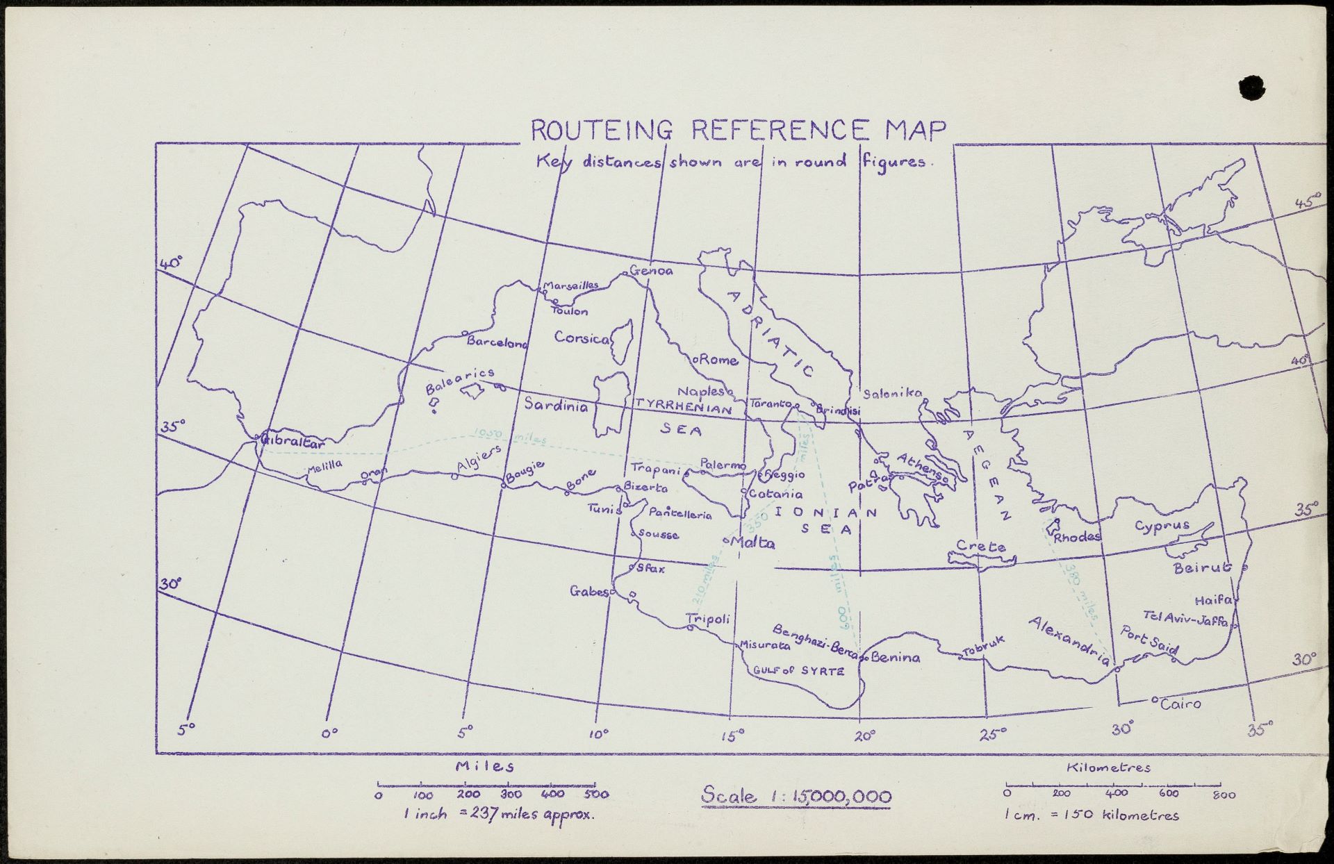 'Routeing Reference Map' Map, based on information from decrypts of high-grade traffic, of dispositions of enemy forces in Egypt, Tunisia, Yugoslavia, Italy (Anzio beachhead), France. July 29, 1942-August 29, 1944. MS Government Communications Headquarters: HW 13