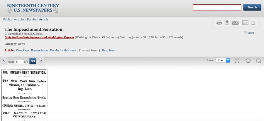 Article view: The Impeachment Sensation, C. Wendell and Hon. E. G. Ross.